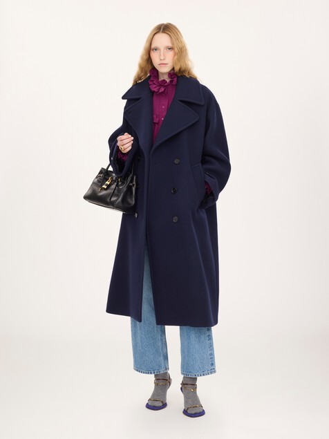 Double-breasted oversized long coat in wool