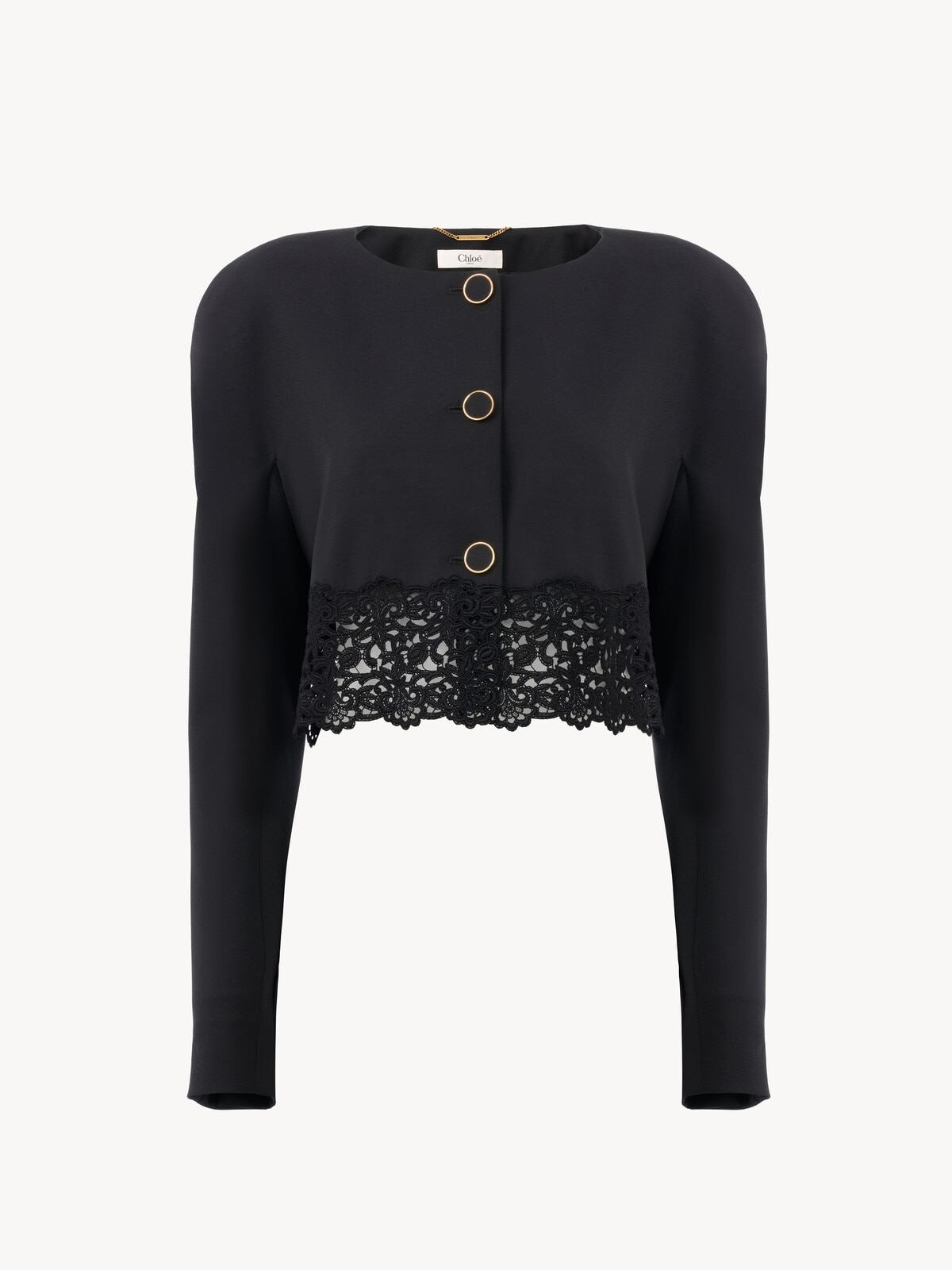 Collarless cropped jacket in wool grain de poudre & lace