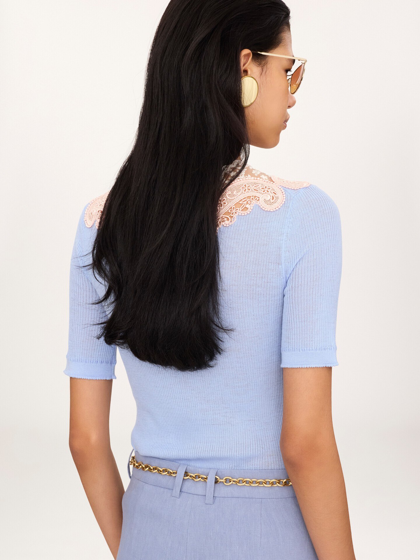 Elbow-sleeve fitted jumper in a wool knit & lace - 5