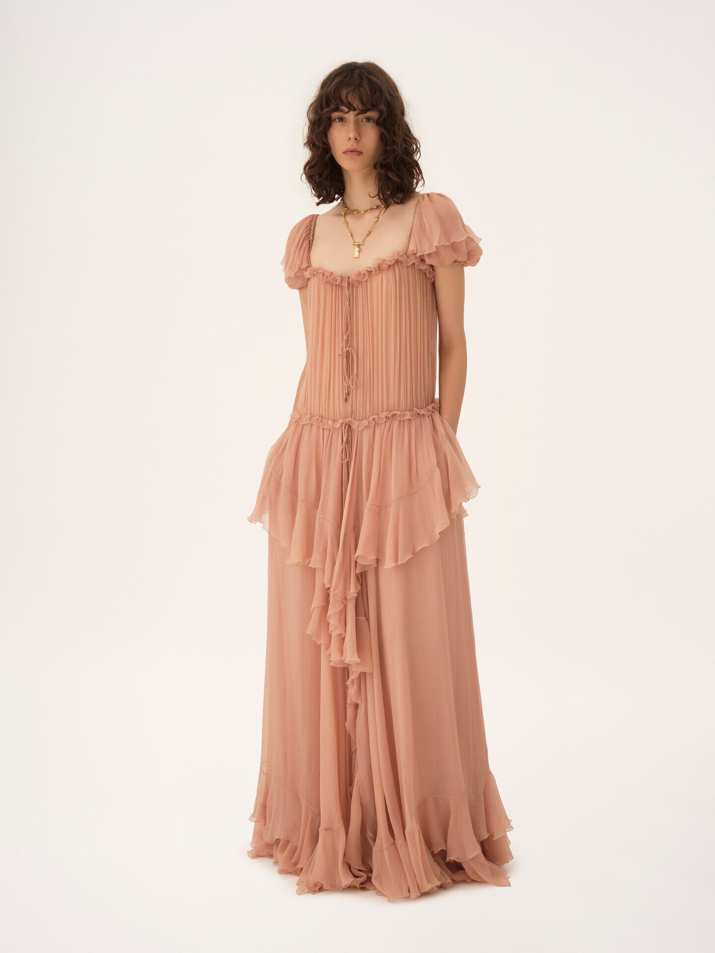 Gathered long ruffled dress in silk mousseline - 1.0
