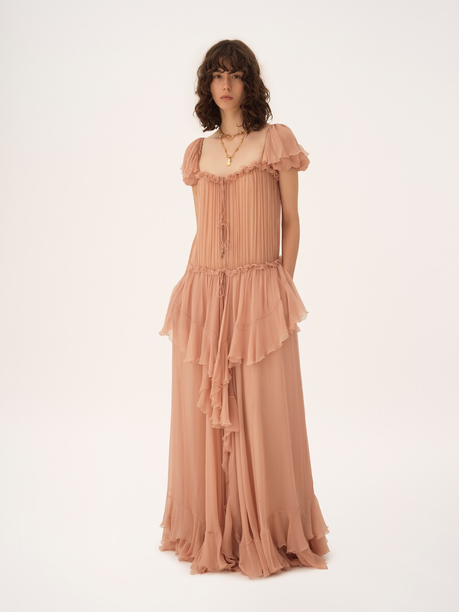 Gathered long ruffled dress in silk mousseline - 1