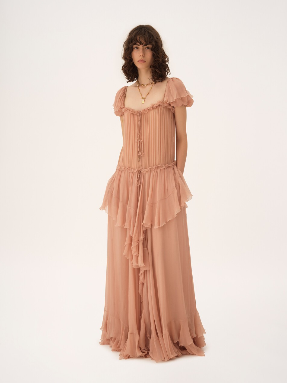 Gathered long ruffled dress in silk mousseline