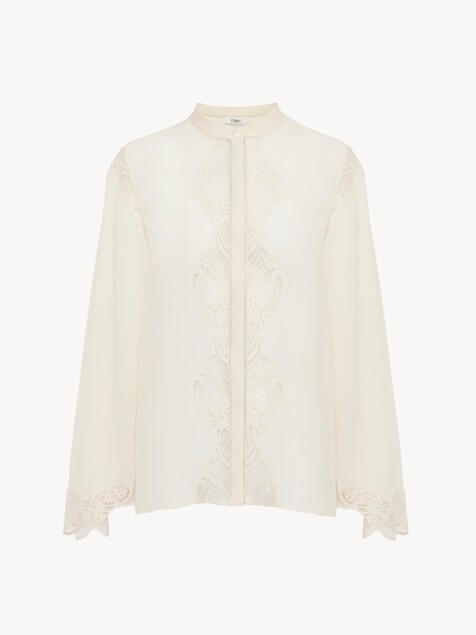Fluid blouse in silk georgette & lace
