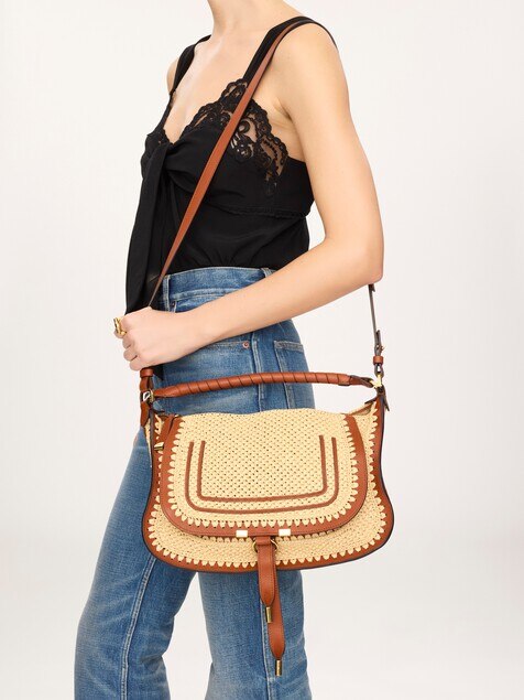 Small Marcie shoulder bag in raffia-effect