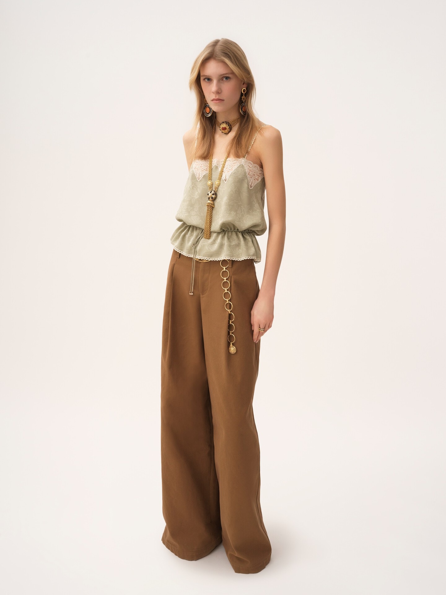 Drawstring camisole top in silk jacquard & lace - 3