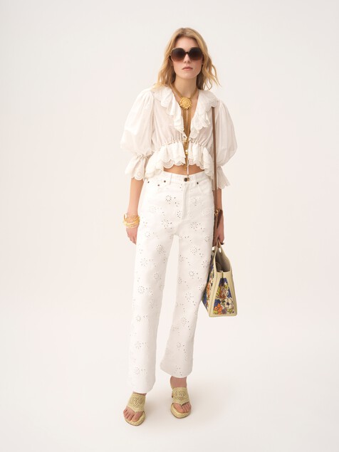 V-neck ruffle top in cotton voile