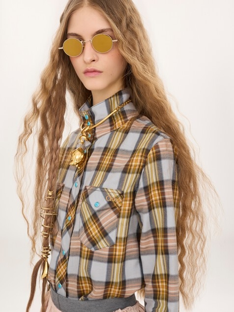 Lavalli&egrave;re shirt in check cotton & cupro
