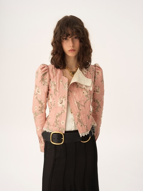 Veste ajust&eacute;e en taffetas jacquard et dentelle