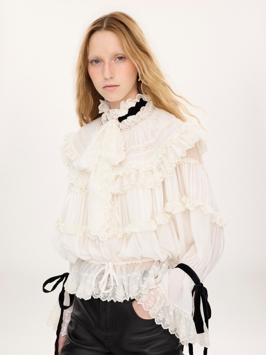 Tie-front ruffled top in silk mousseline & lace - 4
