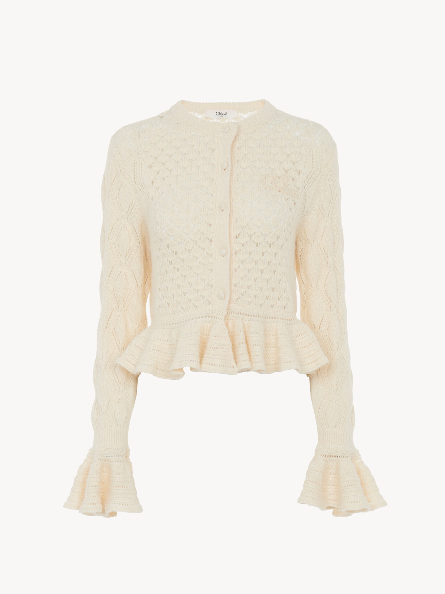 Ruffled logo cardigan in a silk, alpaca & cotton knit - 1