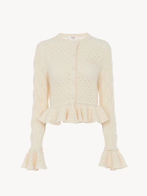 Ruffled logo cardigan in a silk, alpaca & cotton knit