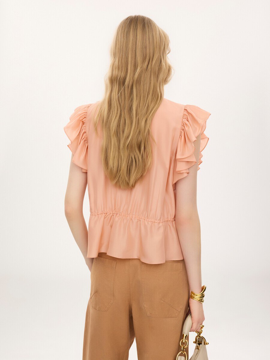 Short-sleeve ruffle top in washed silk habotai & lace - 6