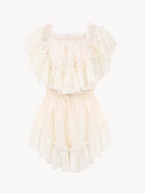 Off-the-shoulder mini jumpsuit in washed silk satin & lace