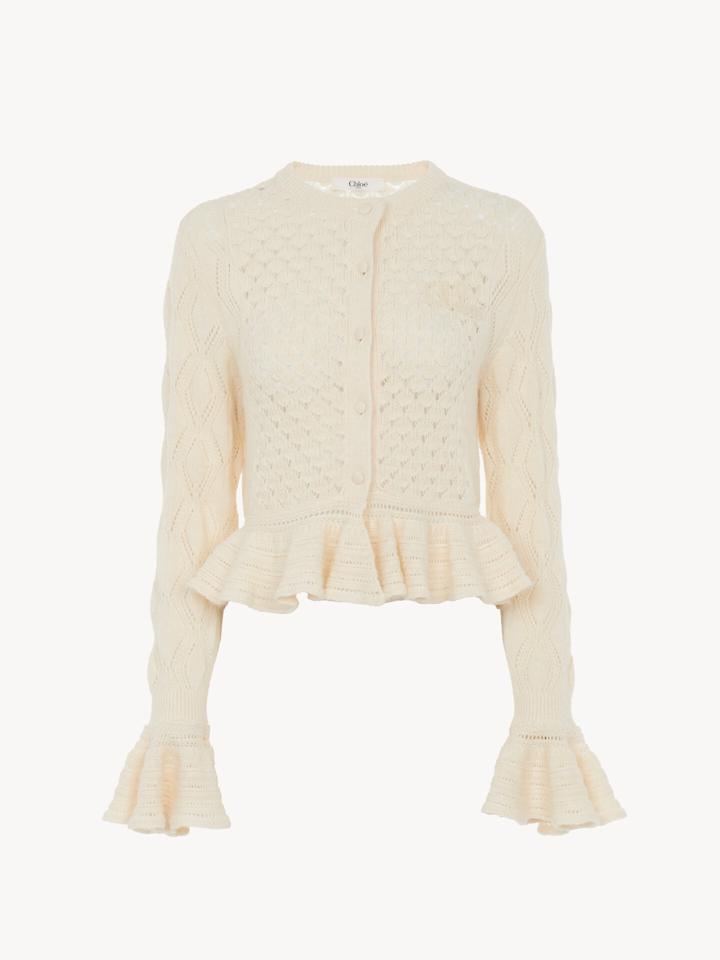 Cardigan &agrave; volants en maille de soie, laine alpaga et coton - 1