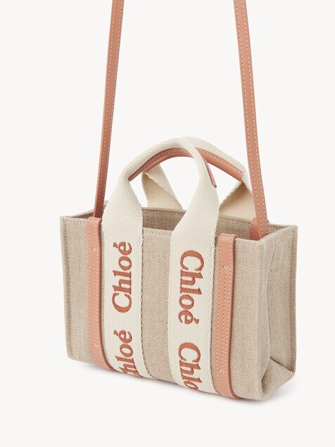 Mini Woody tote bag in linen & leather