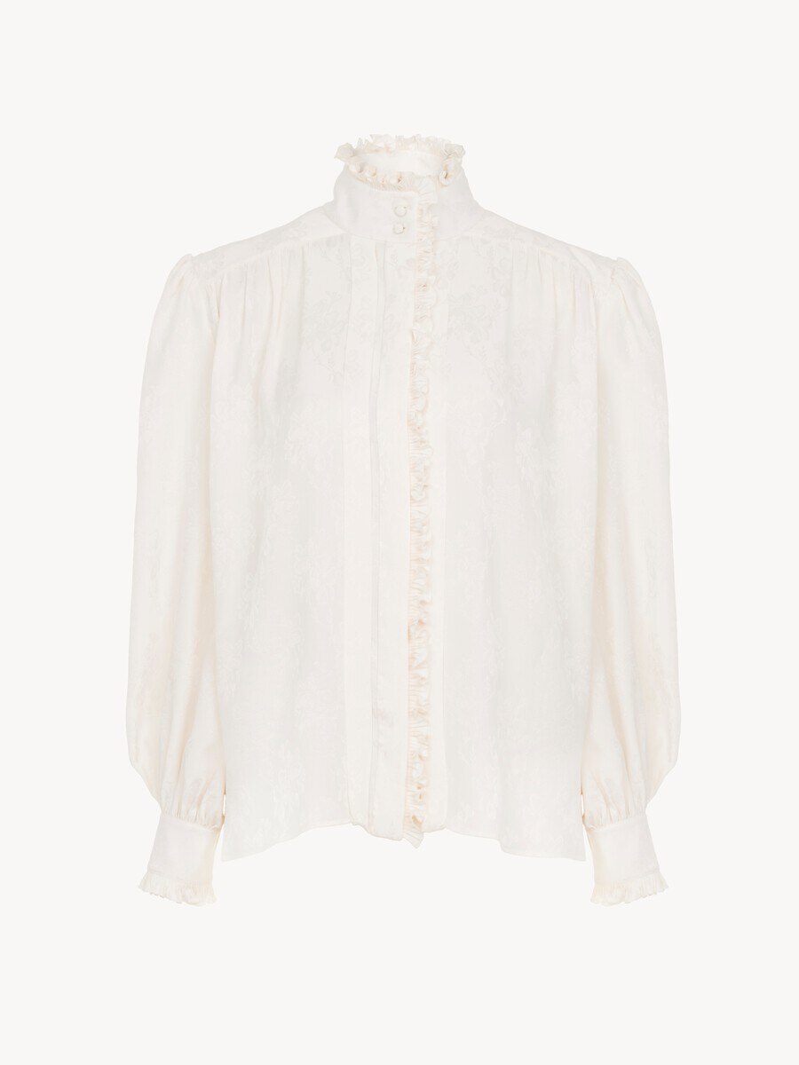 Blouse oversize &agrave; volants en soie jacquard - 2