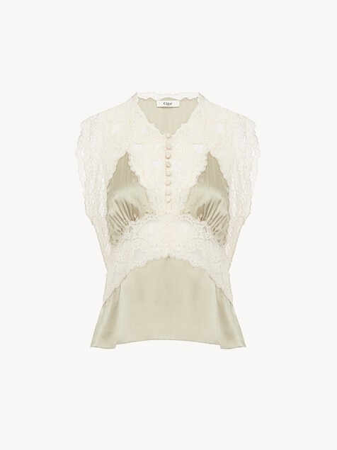 V-neck top in silk satin & lace