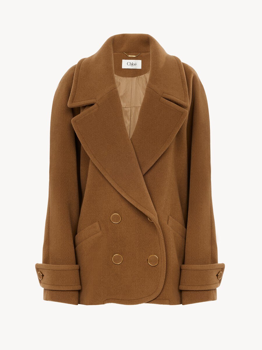Double-breasted short coat in herringbone wool - 1