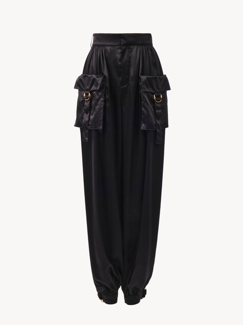 Pantalon cargo fluide en satin de soie