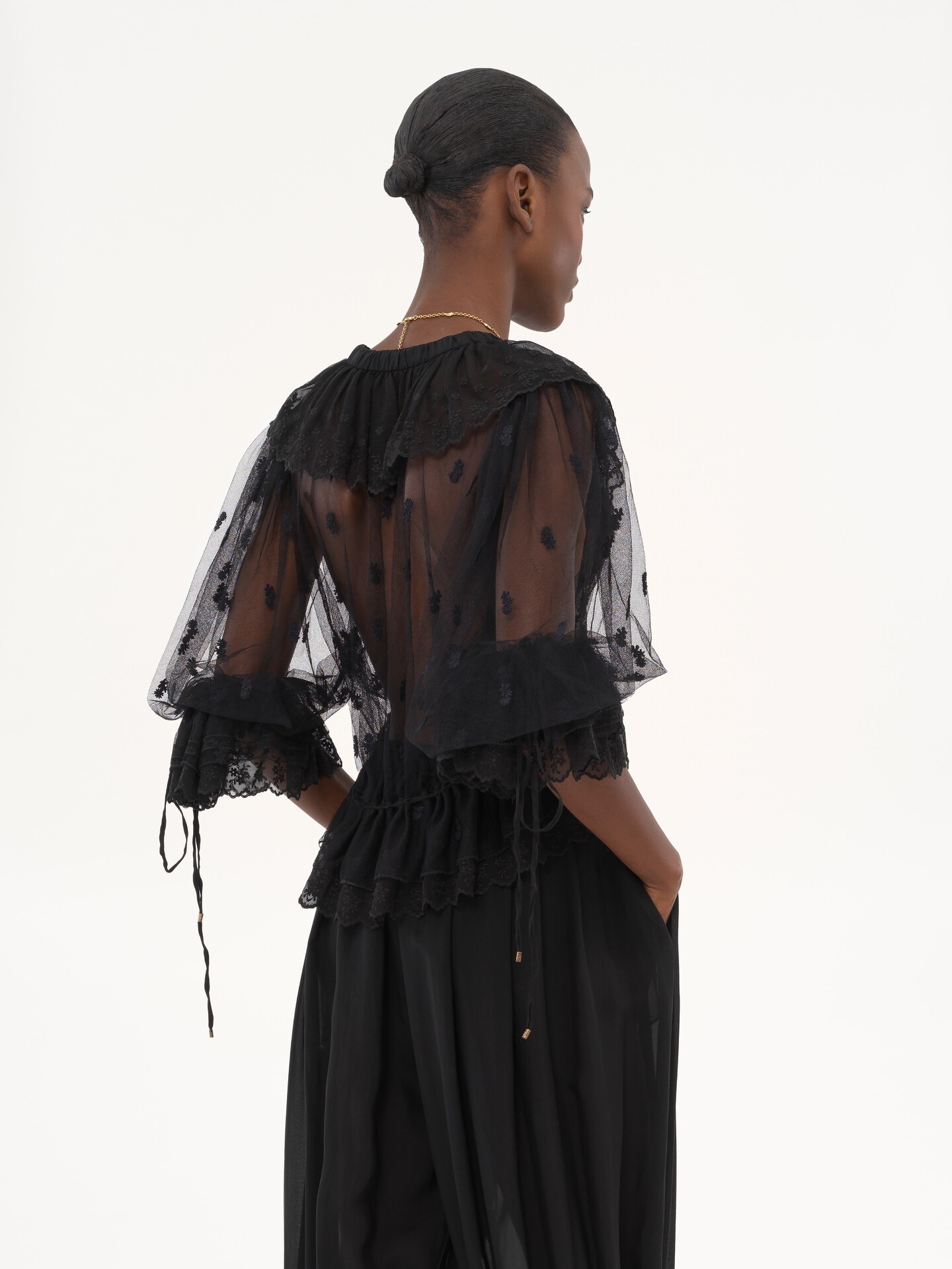 V-neck ruffle top in embroidered lace - 7