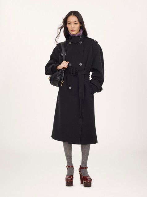 High-neck long coat in double-face wool