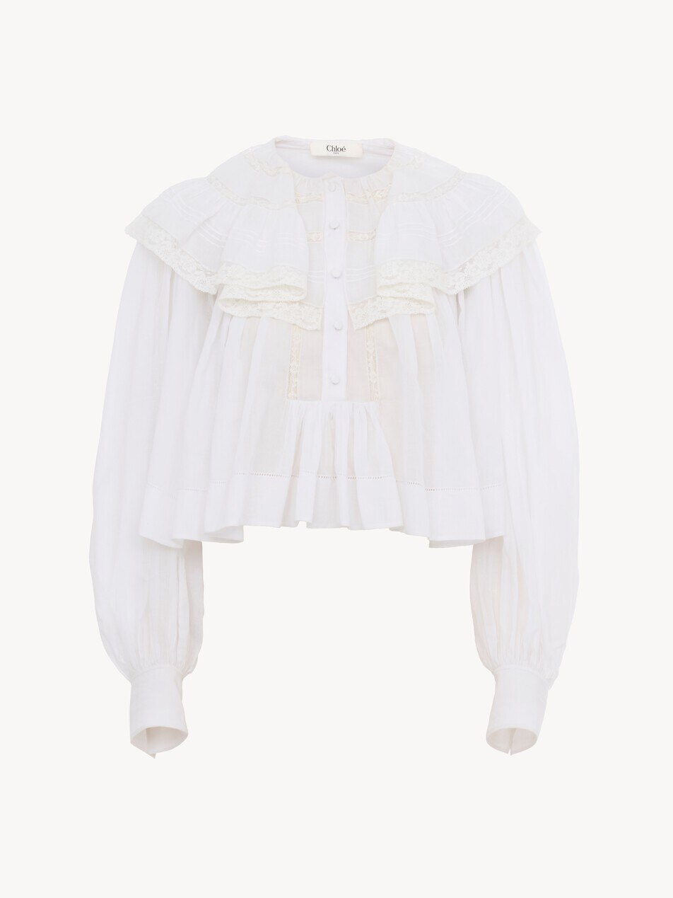 Cropped ruffle top in cotton voile & lace