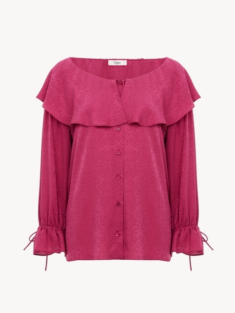 Blouse col rond &agrave; volants en soie jacquard