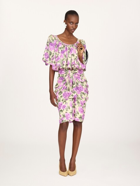 Puff-sleeve cropped top in silk jacquard