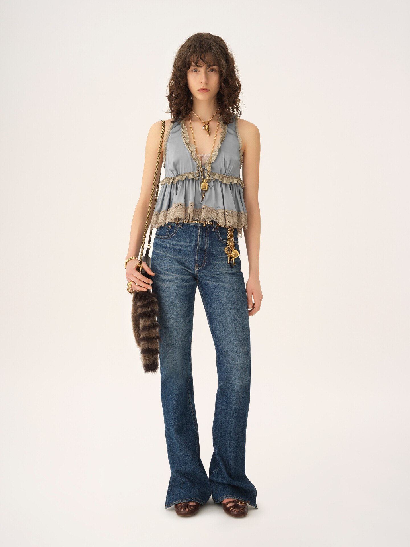 Tie-front sleeveless top in washed silk satin & lace - 1.0
