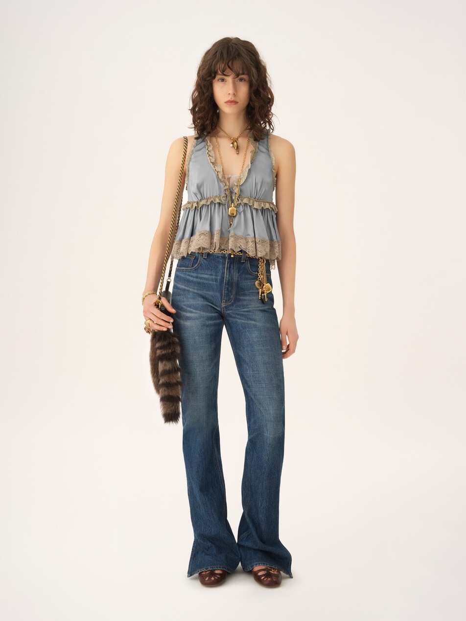 Tie-front sleeveless top in washed silk satin & lace