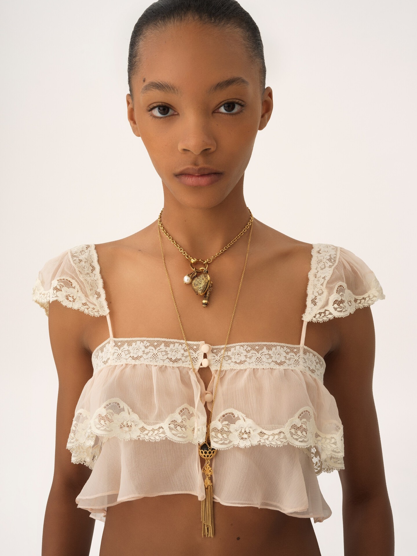 Ruffled bralette in silk mousseline & lace - 7