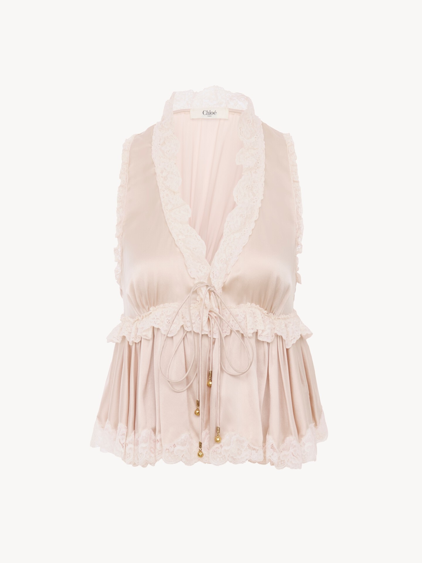 Tie-front sleeveless top in washed silk satin & lace - 2