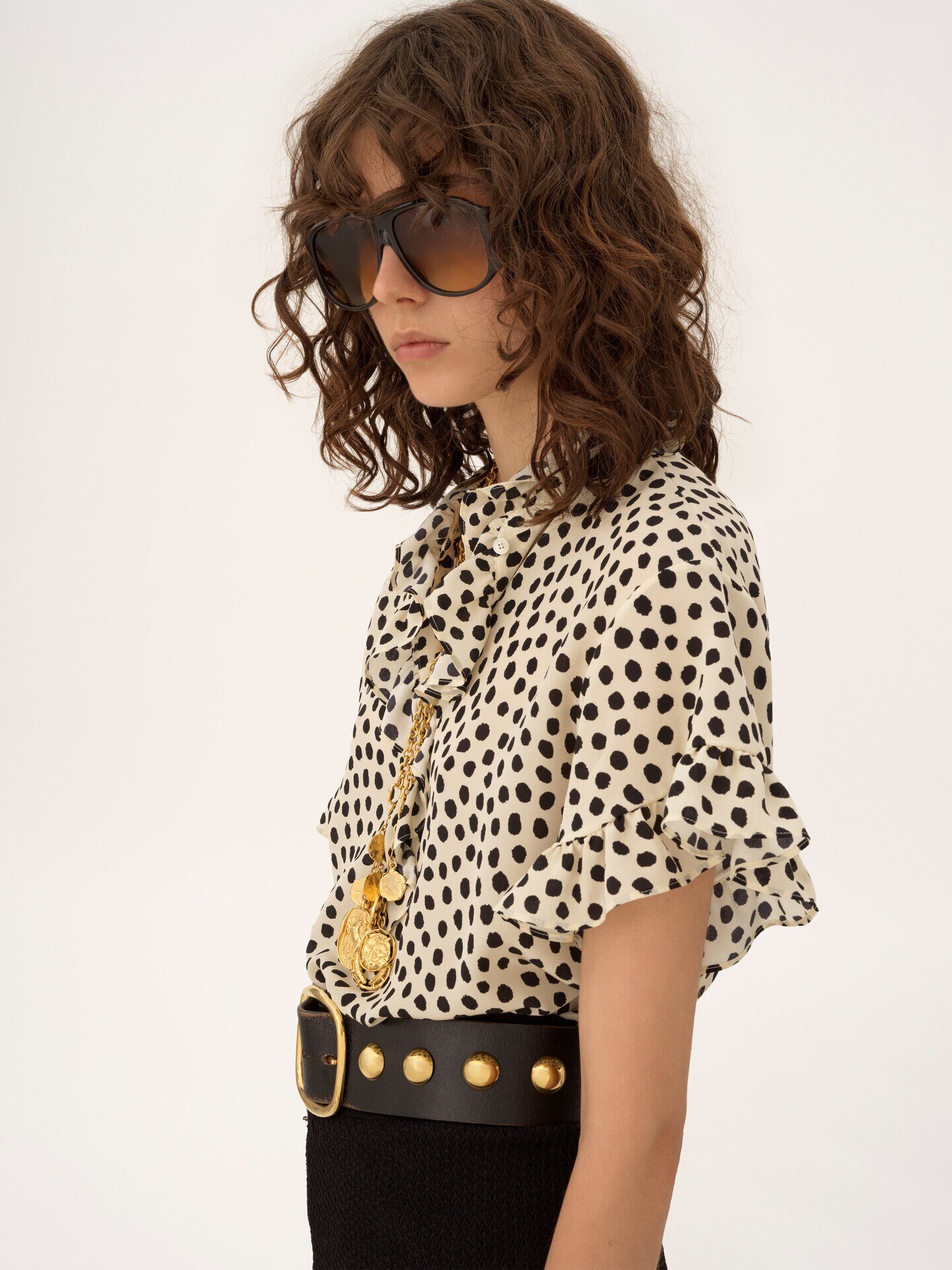 Short-sleeve ruffle top in crêpe de chine Beige - Chloé