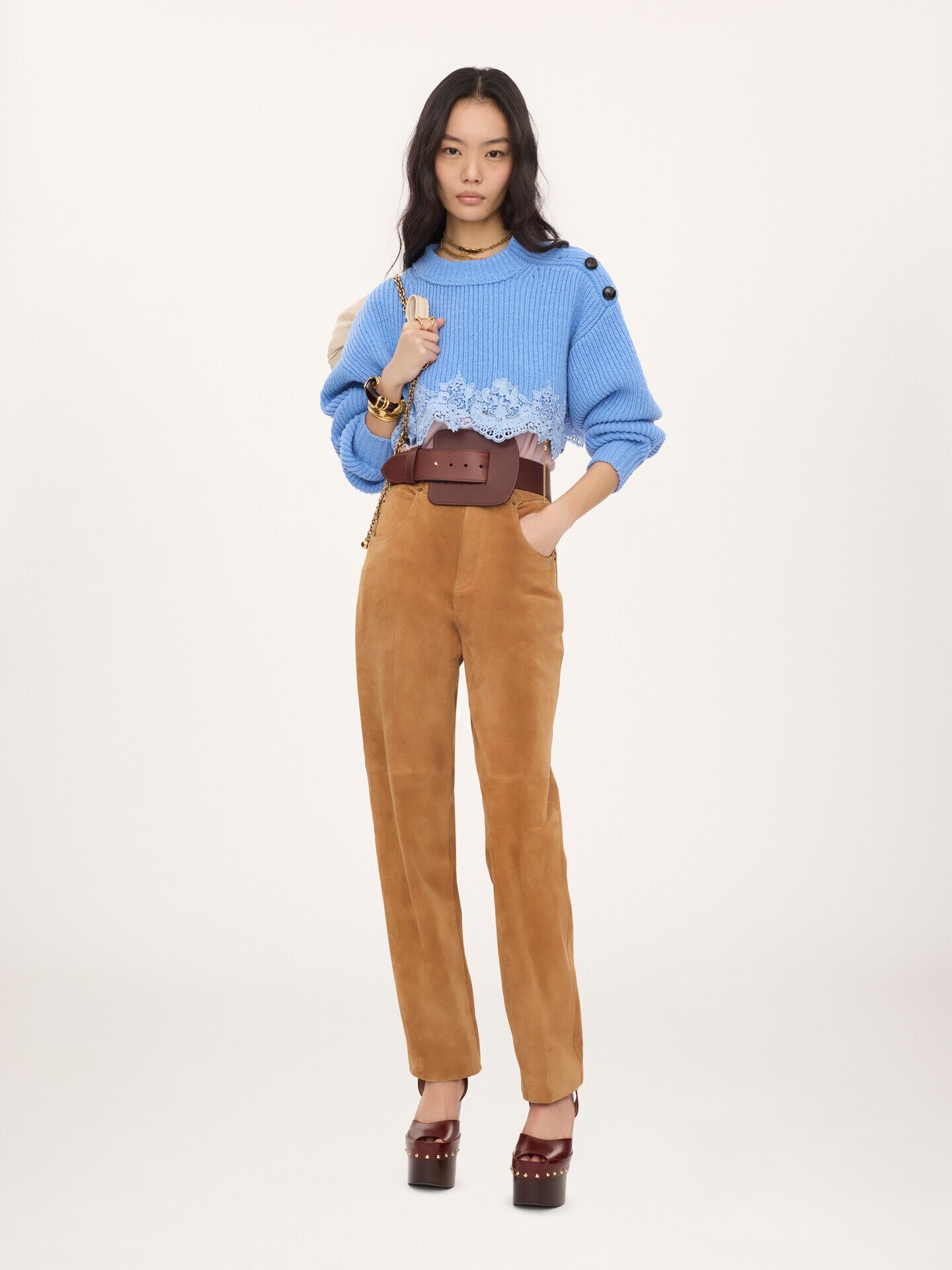 Cropped jumper in a merino wool knit & lace - 1.0