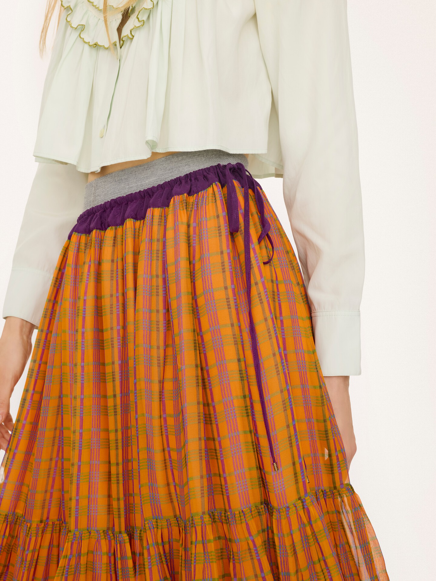 Ruffled long skirt in check silk mousseline - 5.0