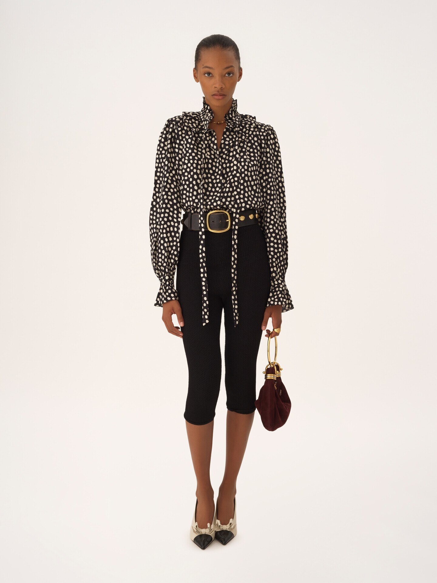 Tie-front ruffled blouse in silk jacquard - 1.0