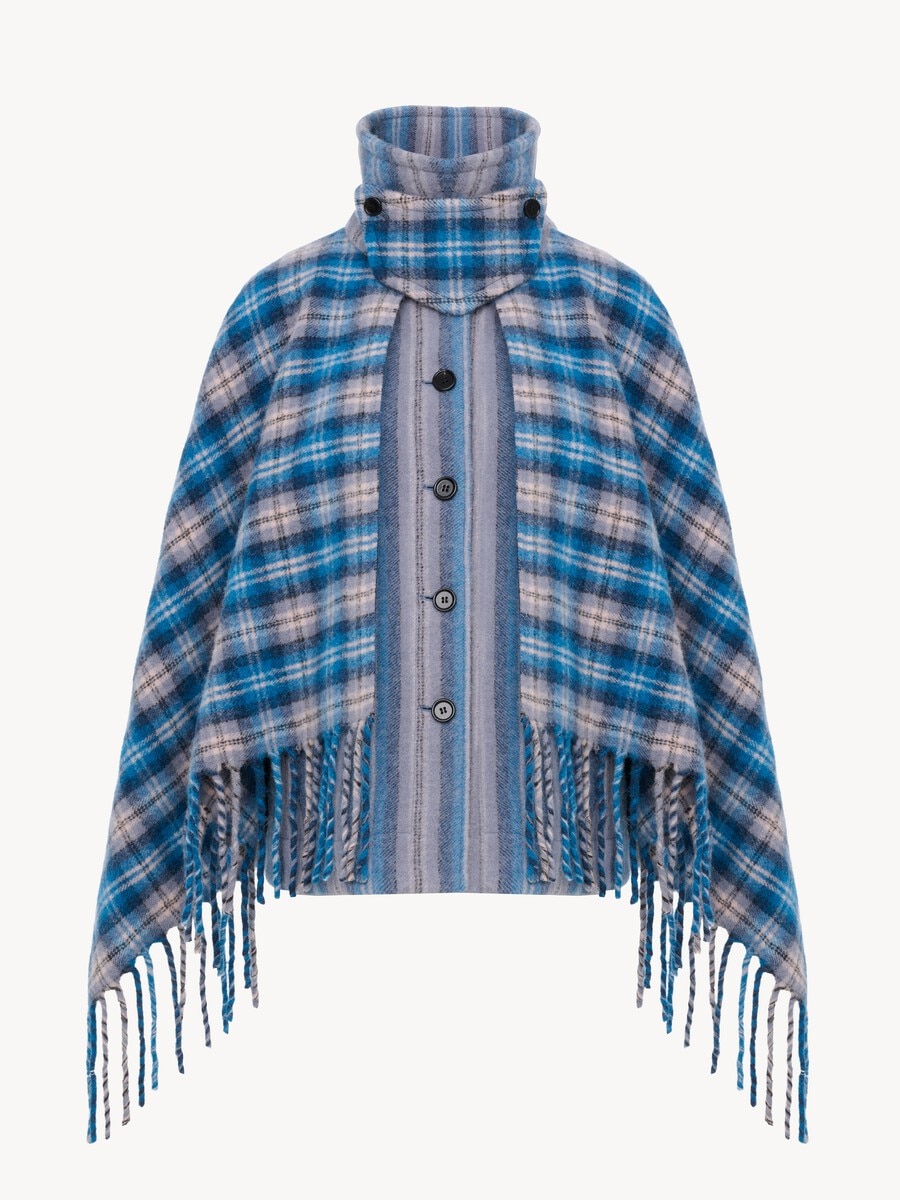High-neck short cape coat in check wool & alpaca - 2