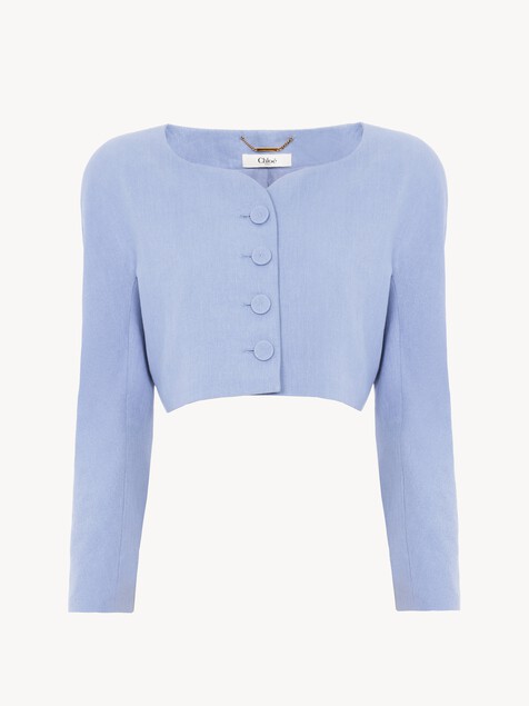 Cropped collarless jacket in linen cr&ecirc;pe