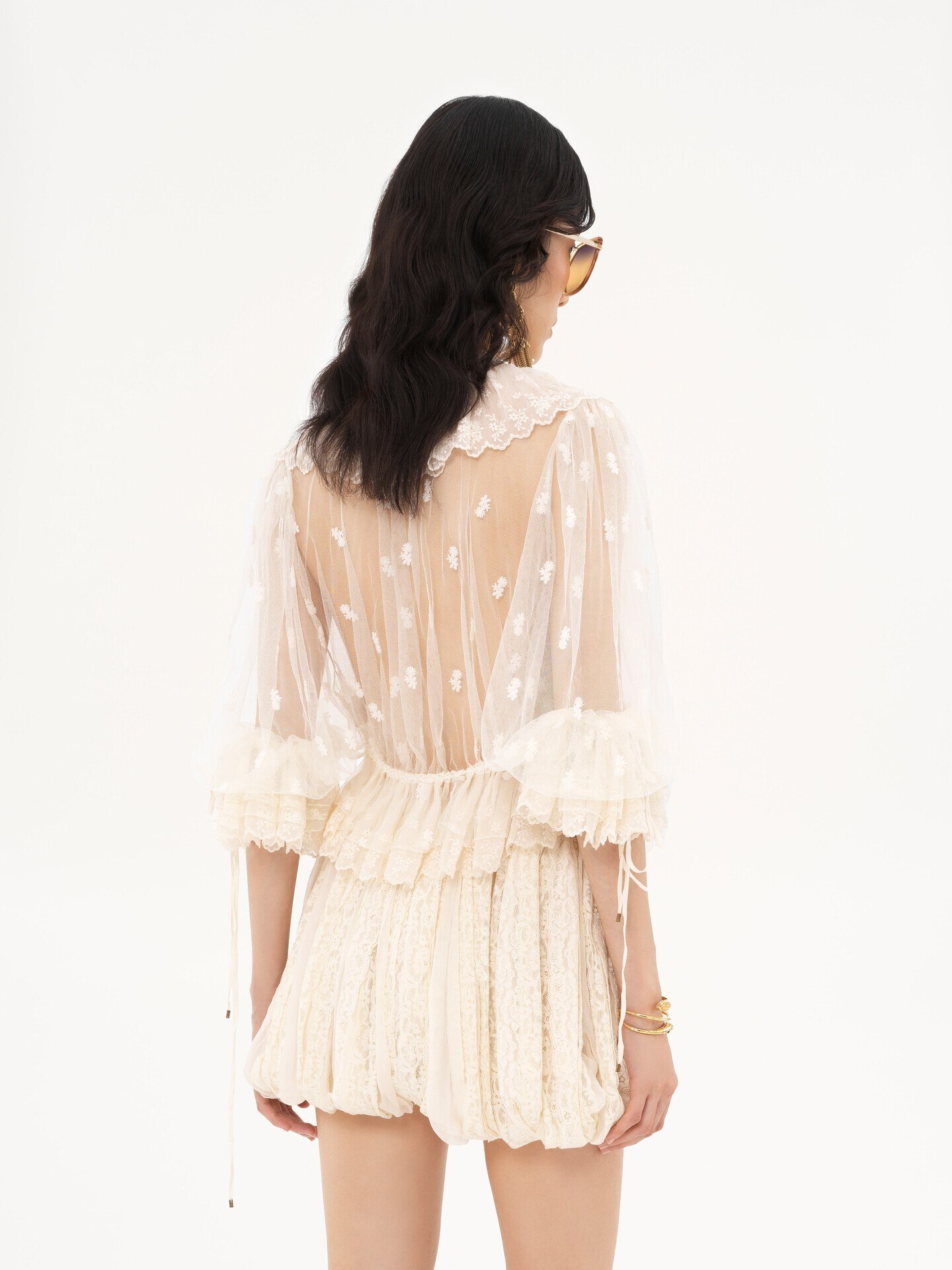 V-neck ruffle top in embroidered lace - 7