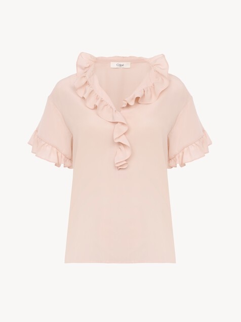 Short-sleeve ruffle top in cr&ecirc;pe de chine