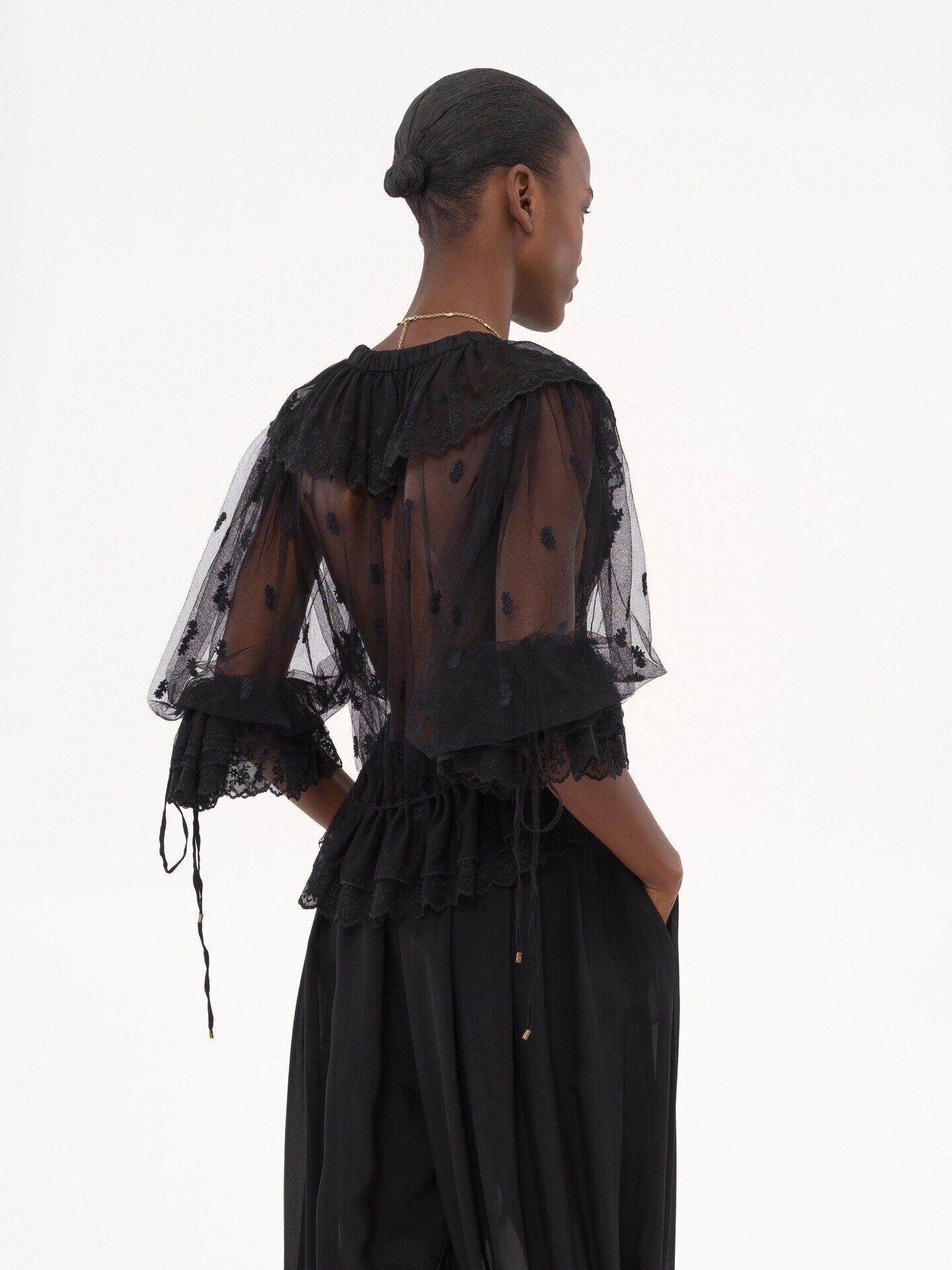 V-neck ruffle top in embroidered lace - 6