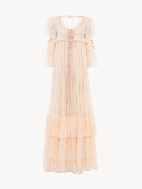 Oversized long ruffled dress in silk mousseline & lace