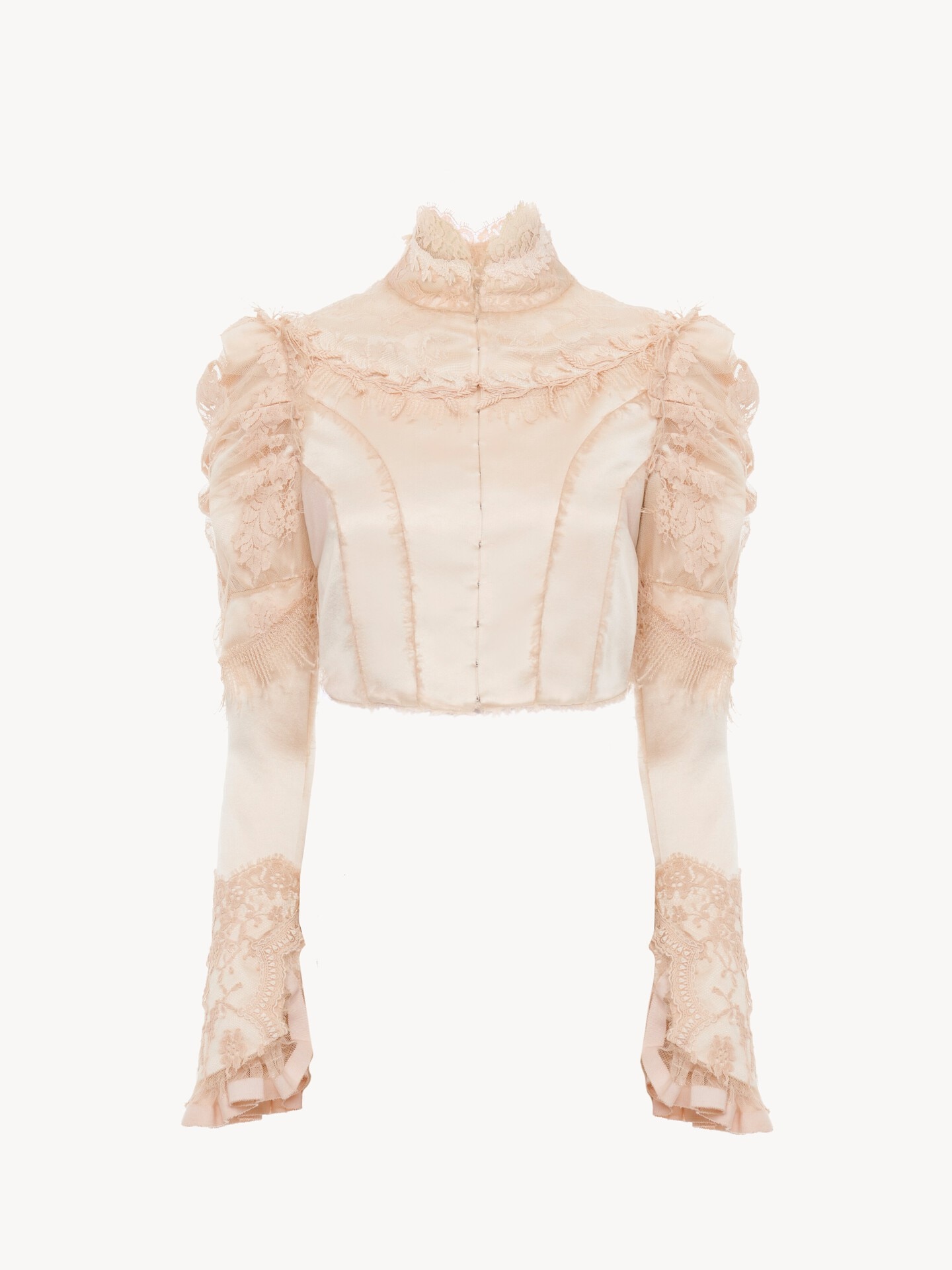 Cropped fitted jacket in silk duchess satin & lace - 1