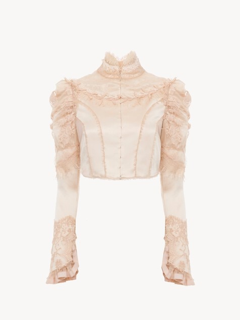 Cropped fitted jacket in silk duchess satin & lace