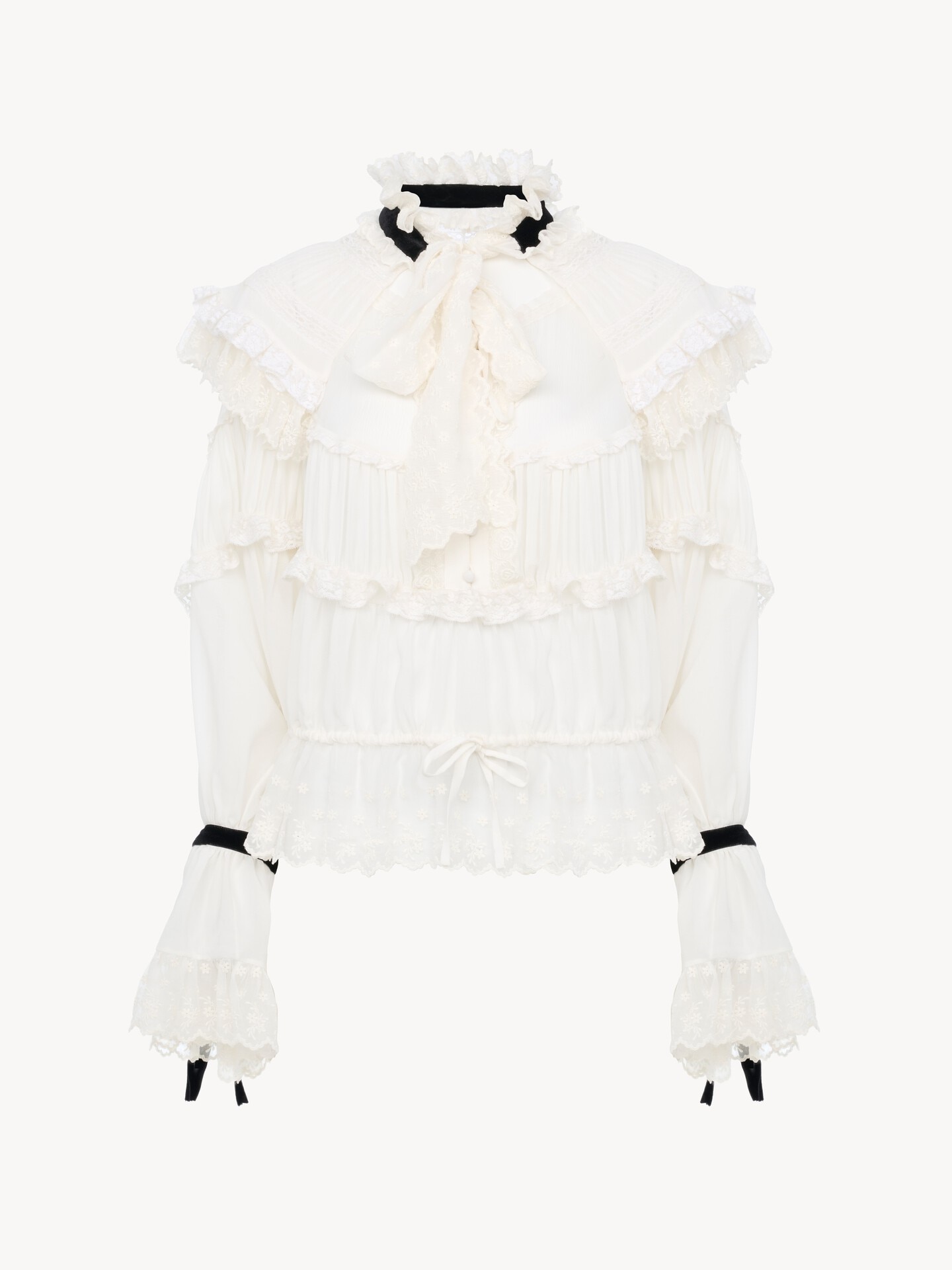 Tie-front ruffled top in silk mousseline & lace - 2.0
