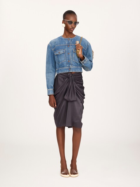 Collarless cropped jacket in denim