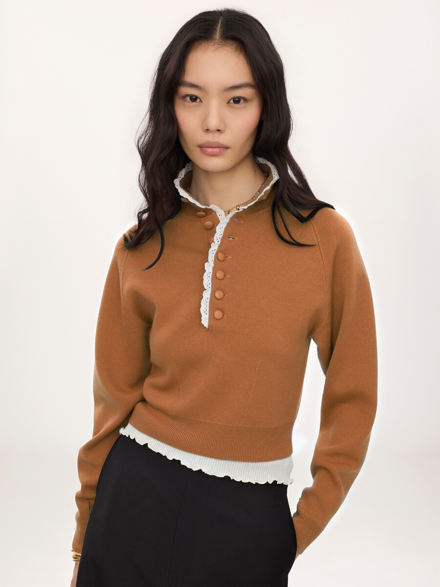 High-neck sweater in a wool knit & lace - 4