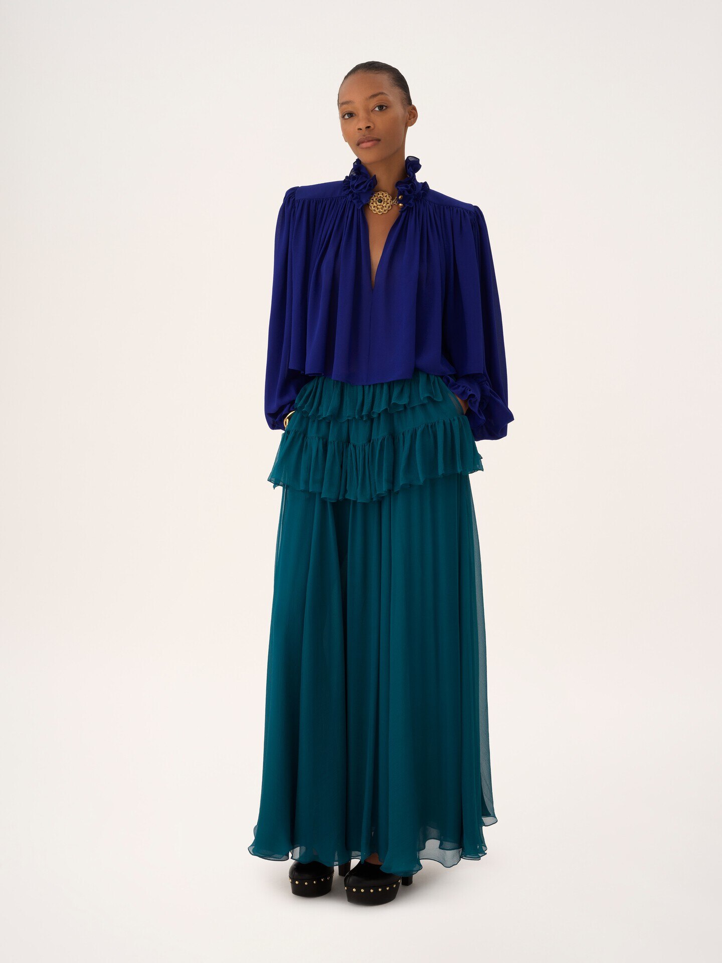 Ruffled long skirt in silk mousseline - 3