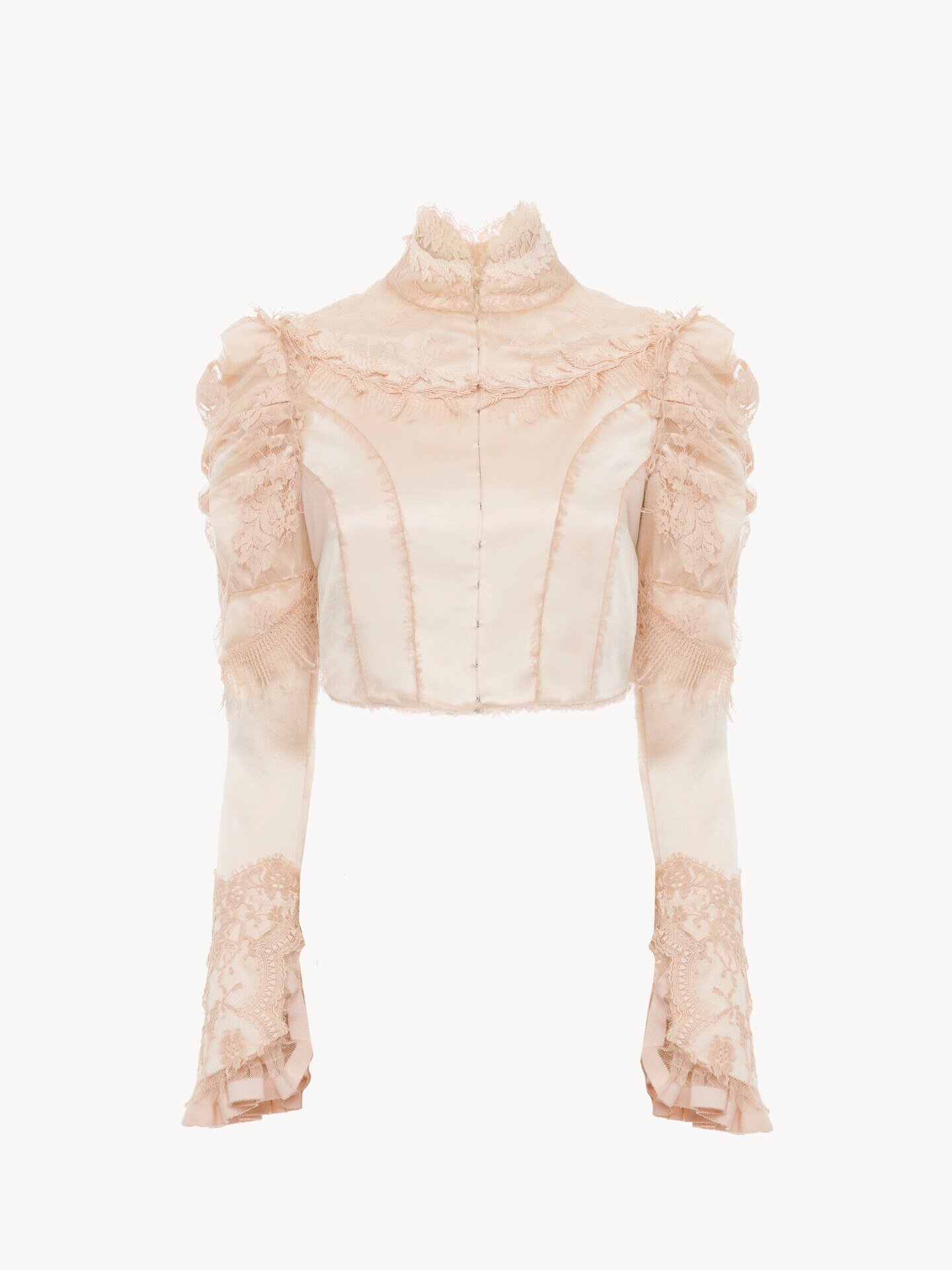 Cropped fitted jacket in silk duchess satin & lace - 1