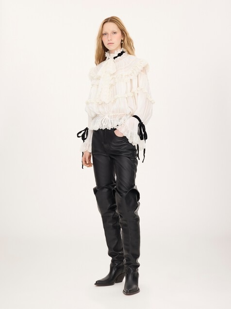 Tie-front ruffle top in silk mousseline & lace